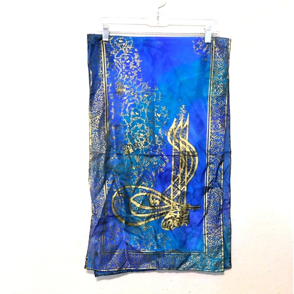 Silk Wrap Made In Bursa 16" X 53" Rectangular Scarf Blue Gold Pattern Design - Picture 5 of 7